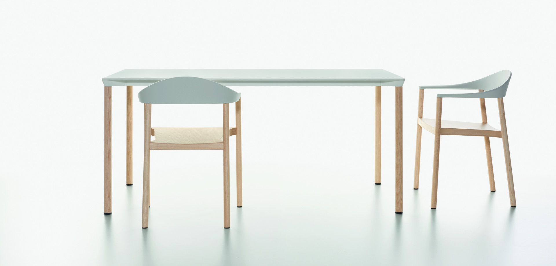 Plank - MONZA table rectangular, white HPL table top, natural ash legs - MONZA armchair
