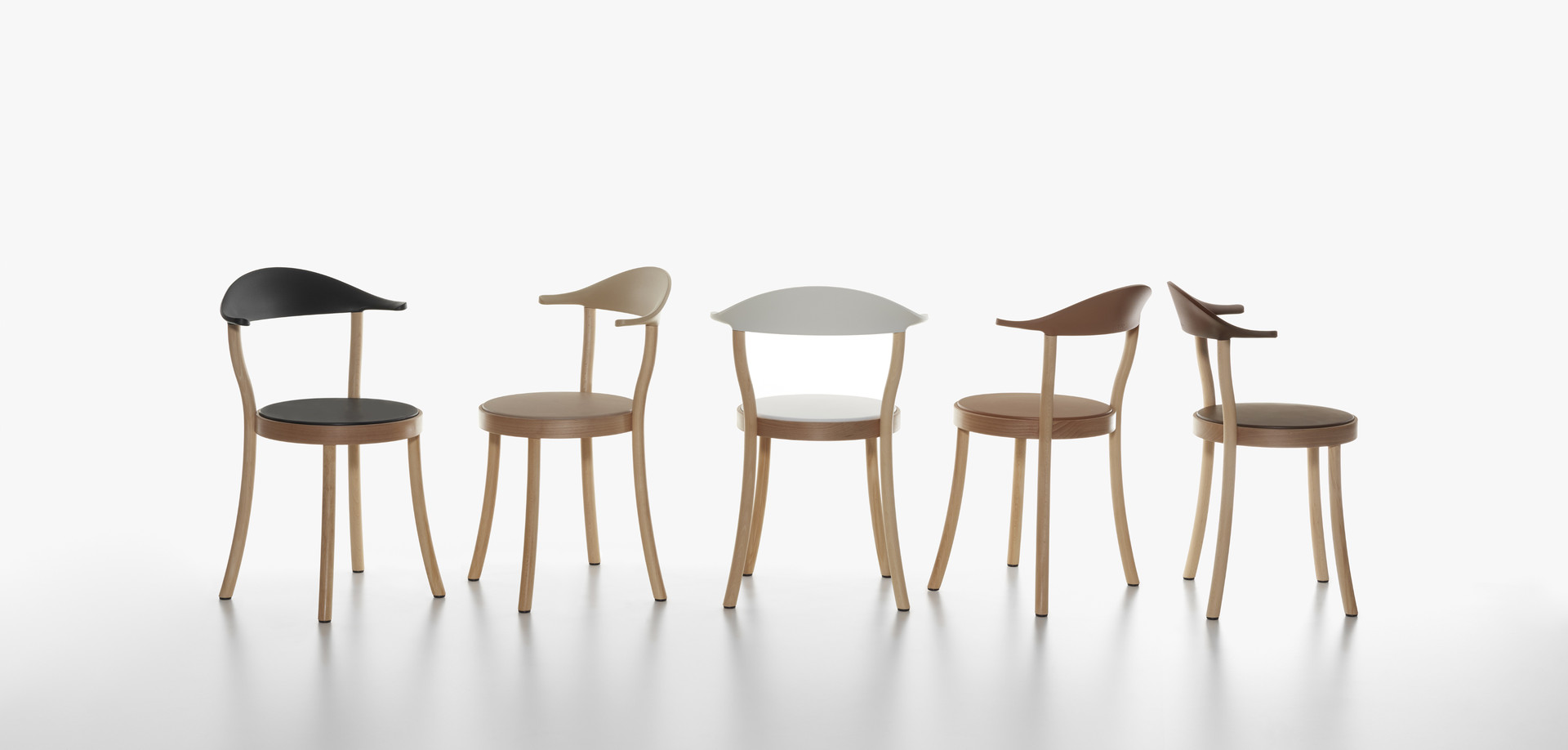 Plank - MONZA BISTRO chair, beech natural, backrests and seats in black, cafe latte, white, caramel, terra brown.